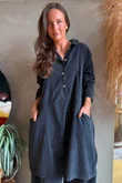 Arbi Needlecord Pop Over Shirt Dress Charcoal